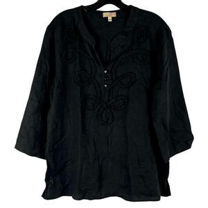 Choices Black Linen 3/4 Sleeve V-neck Front Embroidery Top Large